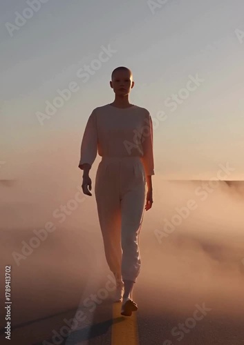 Bald woman walking barefoot along empty road at dawn with fog cinematic footage motion shot