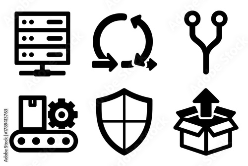 Bold DevOps Icons. DevOps Delivery silhouette icon set: server rack, workflow loop, git merge, automation pipeline, security shield, system deployment.