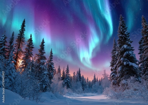 the aurora borealis illuminates the snow-covered trees in lapland