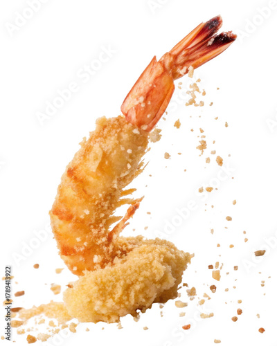 Delicious crispy fried tempura shrimp appetizer with falling panko crumbs. Savory Japanese seafood prawn isolated transparency background
