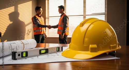 Hard Hat and Blueprints with Handshake Background