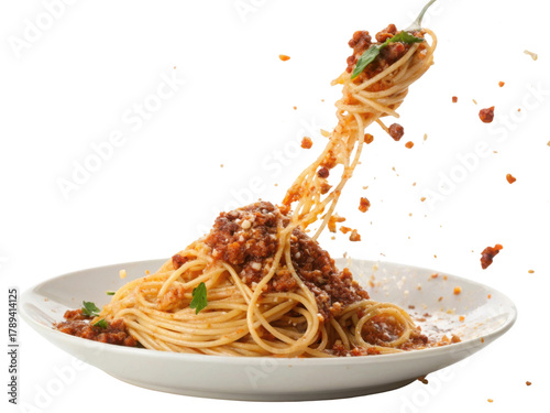 Appetizing fork twirling delicious spaghetti bolognese pasta with meat sauce. classic Italian food dinner on white plate isolated