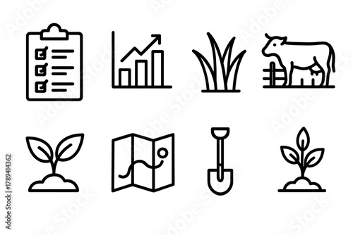 Rangeland Icons Collection. Rangeland Management linear icon set: clipboard, chart, grass, cow, fence, plant, map, shovel.