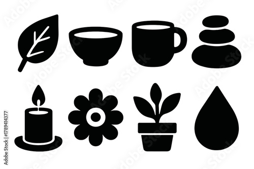 Brutalist Nature Icons. Natural Living Collection silhouette icon set: leaf, bowl, cup, stone stack, candle, flower, plant, droplet.