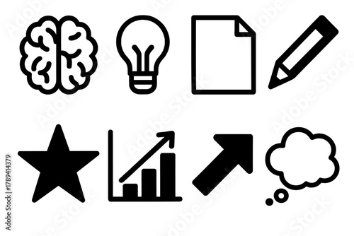 Creative Icons Set. Creative Process Icons silhouette icon set: brain, light bulb, paper, pen, star, chart, arrow, idea bubble.