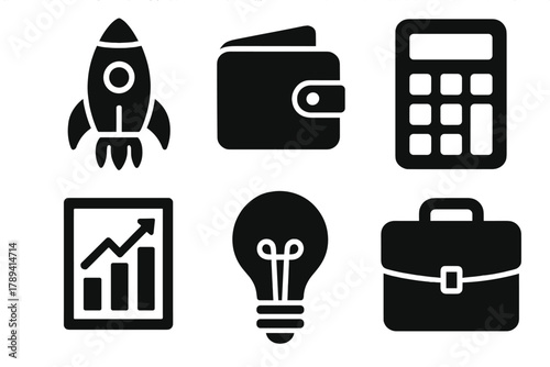 Bold Startup Icons. Startup bootstrapping silhouette icon set: rocket, wallet, calculator, document chart, light bulb, briefcase.