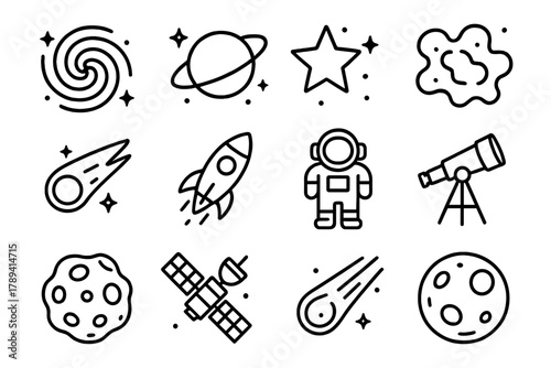 Cosmic Icons Collection. Cosmic Galaxy linear icon set: galaxy, planet, star, nebula, comet, rocket, astronaut, telescope, asteroid, satellite, meteor, moon.