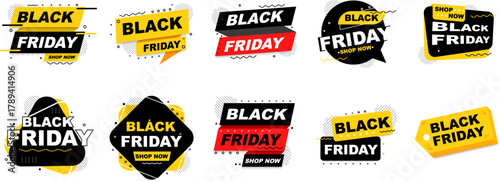 Black Friday sale label collection with bold typography and modern design. Discount tag set for marketing, advertising, and promotion.