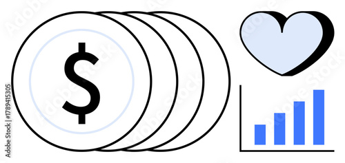 Stacked coins with dollar sign, a blue heart, and upward bar chart. Ideal for finance, business, investment, economics, revenue growth, corporate ethics simple flat metaphor