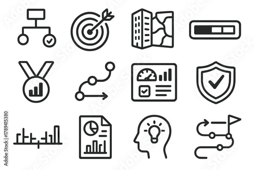 Doodle UI Icons Set. Professional User Journeys outline icons: structured flowchart, verified goal marker, enterprise map icon, KPI progress bar, data-driven milestone, strategic