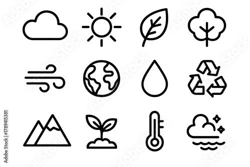 Environmental Icon Set. Environmental Air Quality linear icon set: cloud, sun, leaf, tree, wind symbol, globe, water droplet, recycling symbol, mountain, plant, thermometer, sky