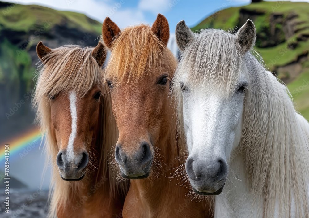Fototapeta premium three majestic horses standing in front of the skógafoss waterfall, iceland. the background features green grass and a blue sky with white clouds