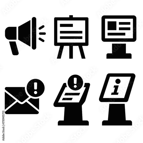 Brutalist Public Info Icons. Public Information silhouette icon set: announcement speaker, notice board, bulletin post, public screen, email alert, info kiosk.