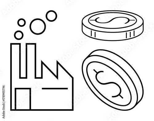 Factory with chimneys emitting smoke paired with coins. Ideal for manufacturing, economy, revenue, industry, investment, growth, and production concepts. Simple flat metaphor