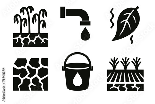 Drought Icons Set. Agricultural Drought silhouette icon set: withered crops, irrigation pipe, wilted leaf, broken soil, water bucket, dry field.