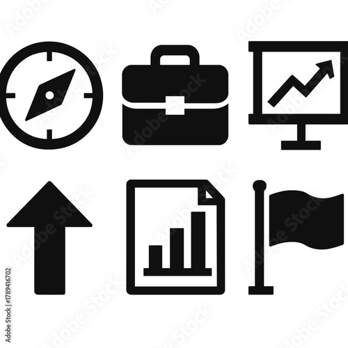Bold Business Icons. Business direction silhouette icon set: compass, briefcase, chart board, upward arrow, document chart, flag.