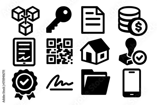 NFT Property Icon Set. NFT Property Ownership silhouette icon set: blockchain symbol, key, document, coin stack, digital contract, QR code, 3D house, approval stamp, seal,