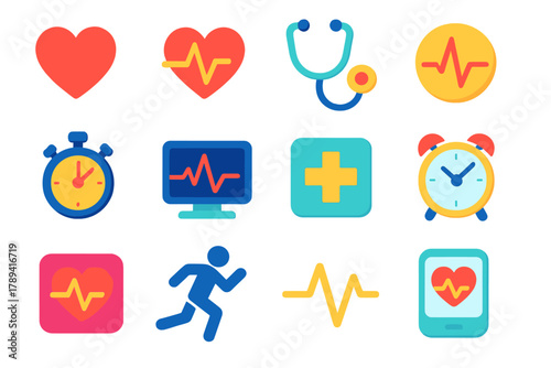 Isometric Heart Icons. Heart Rhythm modern flat icons set: heart, heartbeat line, stethoscope, pulse icon, stopwatch, ECG monitor, medical cross, clock, health app symbol, running