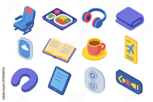 In-Flight Items Icons. In-Flight Experience modern flat icons set: airplane seat, tray meal, headphones, blanket, window view, book, cup of coffee, safety card, neck pillow, tablet