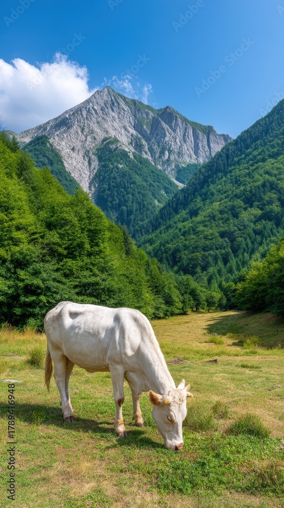 Naklejka premium Farm animals, grazing, in a mountain farm, clear blue sky, realistic style, peaceful mood, earthy colors, rule of thirds composition, 85mm lens, detailed plants, high detail, ultra-realistic,