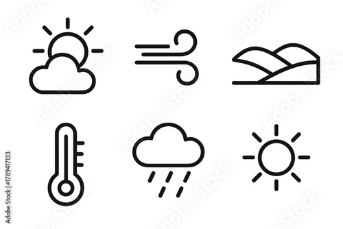 Weather Icons Display. Temperate Climate linear icon set: sun and cloud, gentle breeze, green hills, mild thermometer, clear sky, light rain.