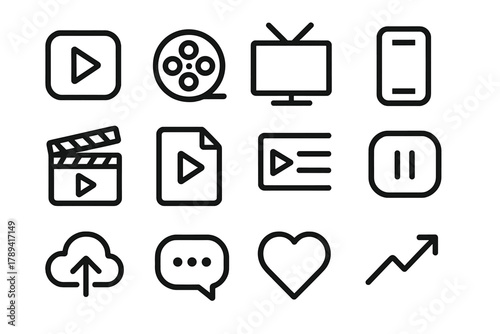 Streaming Icons Collection. Streaming Services linear icon set: play button, film reel, TV screen, smartphone, clapperboard, video file, playlist icon, pause symbol, data cloud,