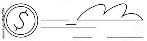 Coin with dollar sign moving fast with motion lines and streamline trails. Ideal for finance, economy, investment, transfer, efficiency, technology, innovation. Minimalist simple flat metaphor