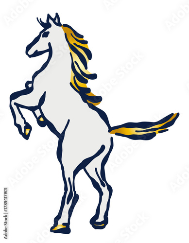 日本の2026年の干支「午」。前足を上げて、駆け出そうとする白馬の全身像。The Japanese zodiac sign for 2026 is "horse." A full-body image of a white horse raising its front legs and preparing to gallop.