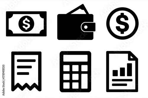 Bold Currency Icons. Paper currency silhouette icon set: banknote, wallet, dollar coin, receipt, calculator, document chart.
