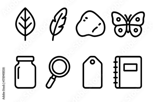 Nature Exploration Icons. Nature Collecting Icons linear icon set: leaf, feather, rock, butterfly, glass jar, magnifying glass, label, notebook.