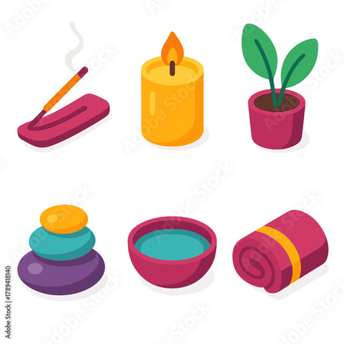 Tranquil Spa Icons. Relaxing Ambience modern flat icons set: Incense, Candle, Pebbles, Plant, Water Bowl, Towel.