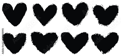Grunge Heart Shape Set – Hand Drawn Brush Texture, Ink Stroke, Valentine Symbol Illustration