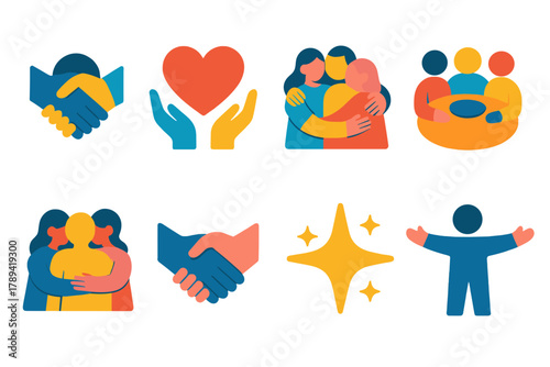 Modern Togetherness Icons. Togetherness flat icons: holding hands, heart symbol, group of people, family hug, shared meal, handshake, glowing star, open arms