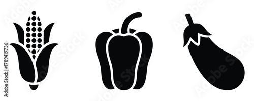 Vegetable Icons Set – Corn, Bell Pepper, Eggplant, Organic Food Vector Illustration