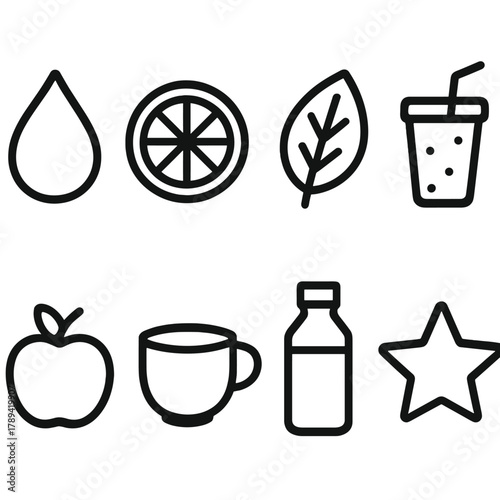 Body Cleanse Icons. Body Cleanse Icons linear icon set: water drop, lemon slice, herb leaf, smoothie, apple, cup, bottle, star.