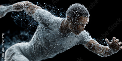 Enhancing athletic performance through sports science and performance analytics dynamic running pose studio dramatic lighting