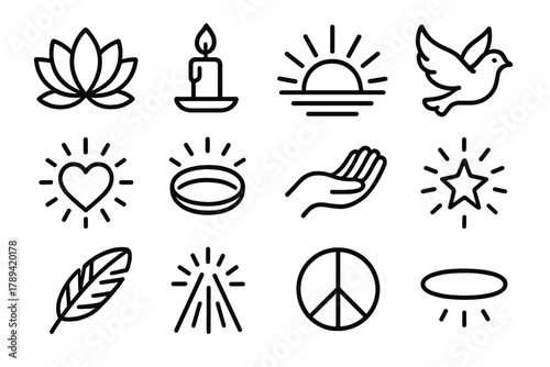 Spiritual Icons Gallery. Spiritual Joy linear icon set: lotus flower, candle, sunrise, dove, heart, aura ring, open palm, glowing star, feather, light beam, peace symbol, halo. , .