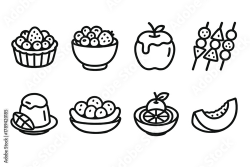 Fruit Dessert Icons. Fruit Desserts linear icon set: fruit tart, berry bowl, baked apple, fruit skewers, mango pudding, banana split, citrus dessert, melon slice.