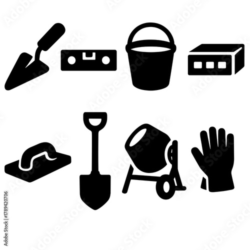 Brutalist Masonry Icons. Masonry Tools silhouette icon set: trowel, level, bucket, brick, cement mixer, float, shovel, gloves.