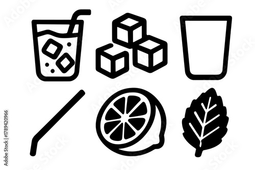Bold Summer Icons. Summer Refreshment silhouette icon set: Lemonade, Ice Cubes, Glass, Straw, Lemon, Mint.