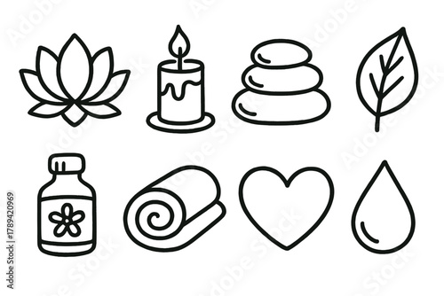 Holistic Care Icons. Holistic Care outline icons: lotus flower, candle, massage stone, leaf icon, essential oil bottle, towel, heart symbol, water droplet.