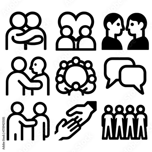 Brutalist Human Connection Icons. Human Connection silhouette icon set: hugging people, heart bridge, shared gaze, conversation bubbles, empathy gesture, community circle, helping