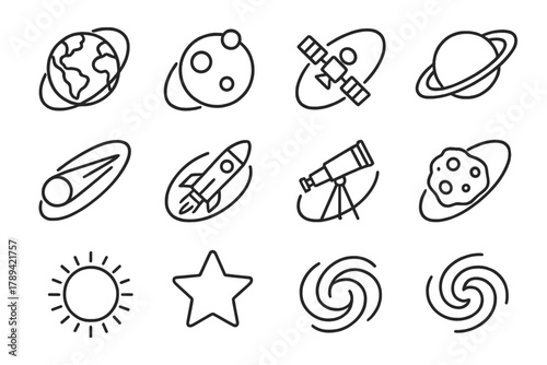 Orbital Icons Grid. Orbital Paths linear icon set: earth, moon, orbit lines, satellite, planet, comet, rocket, telescope, asteroid, sun, star, galaxy.