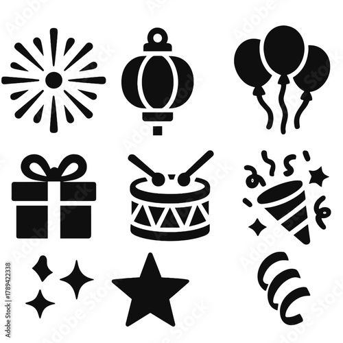 Colorful Festival Icons. Festival Celebration Set silhouette icon set: fireworks burst, lantern, confetti popper, balloon bunch, gift box, drum, star sparkle, streamer