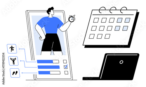 Man using fitness app on smartphone to set exercise goals and track progress, shown with a calendar and laptop. Ideal for health tracking, time planning, productivity, fitness, technology