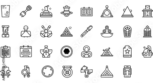 Diverse collection of 36 outline vector icons representing various objects, concepts, and activities for ui design. Vector