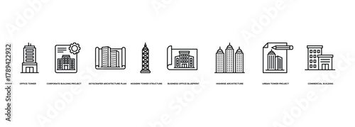 Banner Office Tower Design icon. Office Tower, Corporate Building Project, Skyscraper Architecture Plan, Modern Tower Structure, Business Office Blueprint, Highrise Architecture, Urban Tower Project