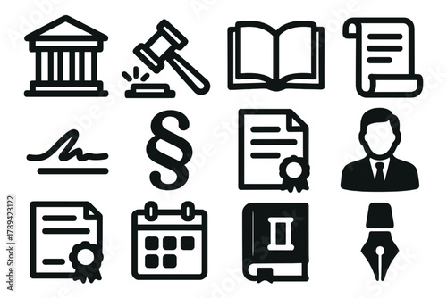 Bold Legal Icons. Judicial Terms silhouette icon set: courthouse pillar, gavel strike, open book, page scroll, signature line, paragraph mark, legal paper, lawyer icon, document