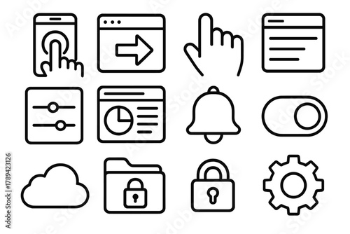 Interactive Interface Icons. Interactive Hybrid Interface linear icon set: touchscreen device, app window, swipe gesture, button press, menu bar, slider control, dashboard screen,