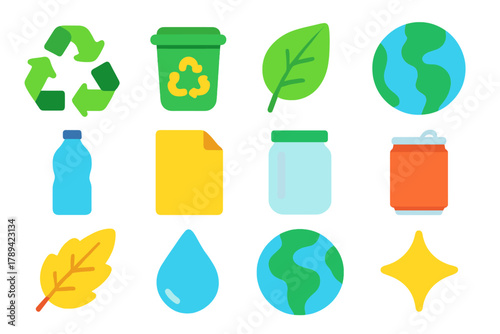 Vibrant Recycling Icons. Recycling Symbols flat icons: recycling arrows, green bin, leaf, globe, plastic bottle, paper sheet, glass jar, can, compost leaf, water droplet, earth,